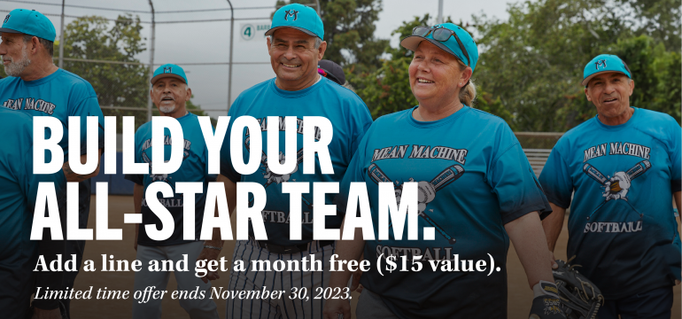 The image is of a baseball team in blue jerseys on a baseball field. The headline reads Build Your All-Star Team, for free. Add a line and get a month free ($15 value). Limited time offer ends 11/30/23.