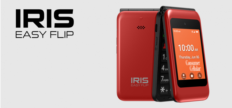 Image showcasing the IRIS Easy Flip from Consumer Cellular, highlighting its dual displays, simplified user interface, easy selfie-taking, and seamless connectivity features as described in the blog post.