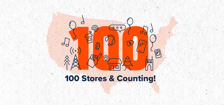 Consumer Cellular's 100th retail store location in Salem, Oregon, featuring a bright and welcoming storefront where customers can explore the latest devices, get expert help from store associates, and enjoy a free cup of coffee. The image celebrates the company's grand opening milestone event on June 25, 2026.