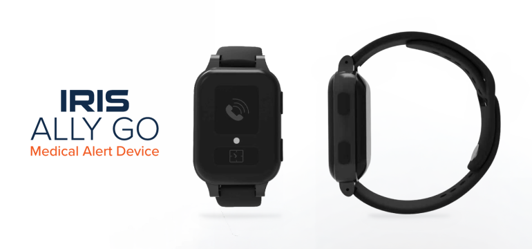 Image of the IRIS Ally Go wrist-worn wearable device with a blog highlighting its availability at Consumer Cellular, featuring one-touch SOS, 24/7 emergency support and GPS location tracking.