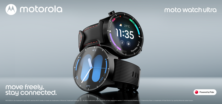 Moto Watch Ultra smartwatch with stainless steel case and OLED display, shown on a wrist